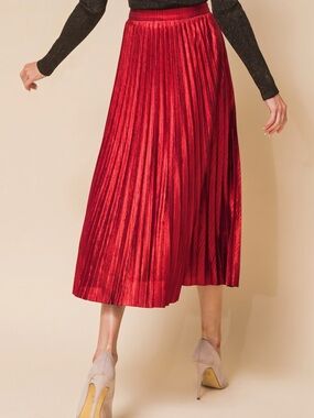 Flying Tomato x A. Calin Red Pleated Velvet Midi Skirt